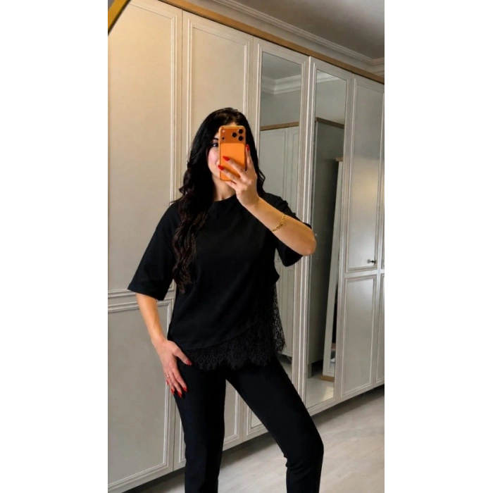 Kadın Kısa Kollu Bisiklet Yakalı Dantel Detaylı Viskon Iki Iplik Bluz