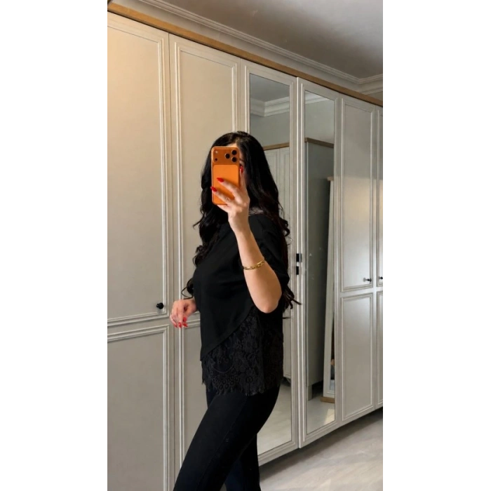 Kadın Kısa Kollu Bisiklet Yakalı Dantel Detaylı Viskon Iki Iplik Bluz