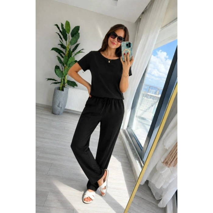 Kadın Kısa Kollu Bisiklet Yakalı Viskon Iki Iplik Bluz Ve Pantolon Ikili Takım