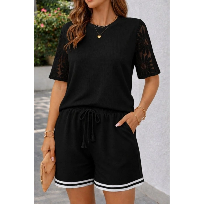 Kadın Kısa Kollu Bisiklet Yakalı Waffle Bluz Ve Short Ikili Takım