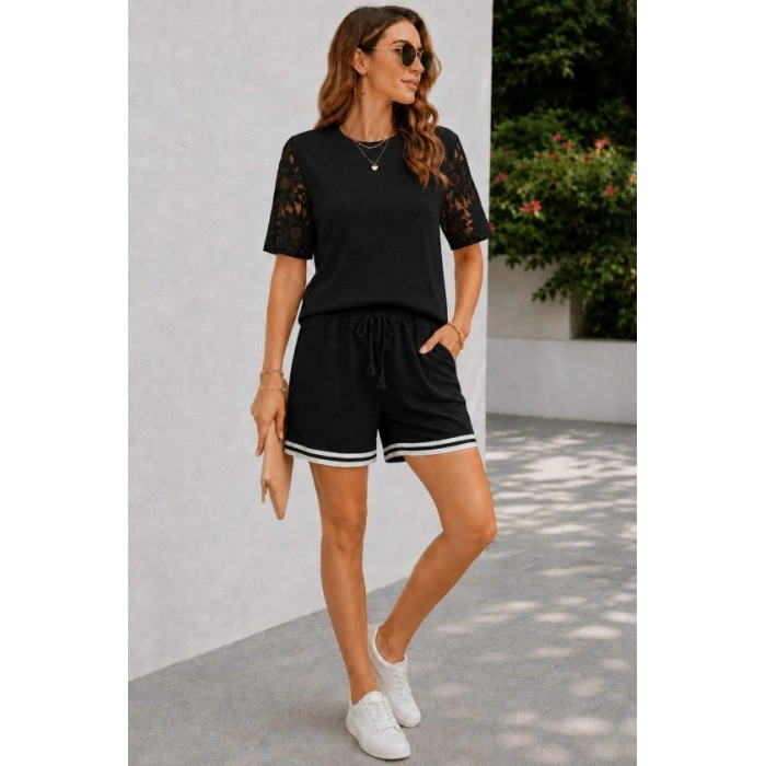 Kadın Kısa Kollu Bisiklet Yakalı Waffle Bluz Ve Short Ikili Takım