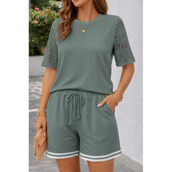 Kadın Kısa Kollu Bisiklet Yakalı Waffle Bluz Ve Short Ikili Takım