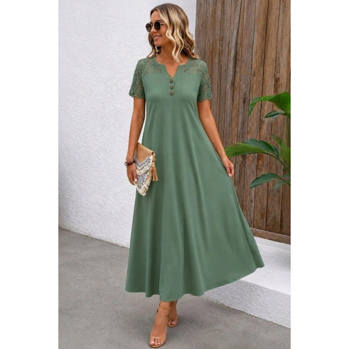 Kadın Kısa Kollu Dantelli Duğme Detaylı Uzun Waffle Elbise