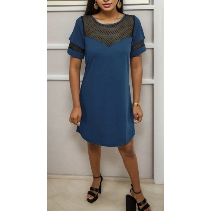 Kadın Kısa Kollu Kalp Yaka Göğüs Tül Detay Krep Elbise