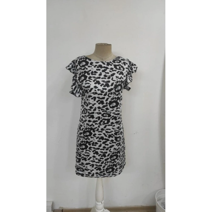 Kadın Kısa Kollu Kolları Fırfır Detay Arkası Bağlamalı Leopar Desen Kolsuz Mini Mikro Elbise