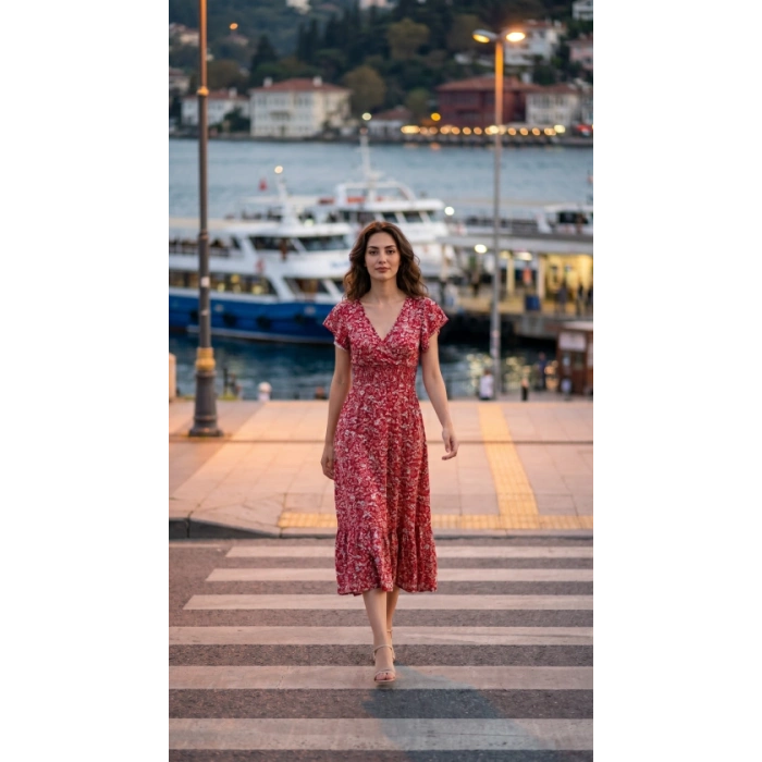 Kadın Kısa Kollu Kruvaze Yaka Beli Lastikli çiçek Desenli Elbise