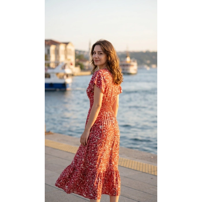 Kadın Kısa Kollu Kruvaze Yaka Beli Lastikli çiçek Desenli Elbise