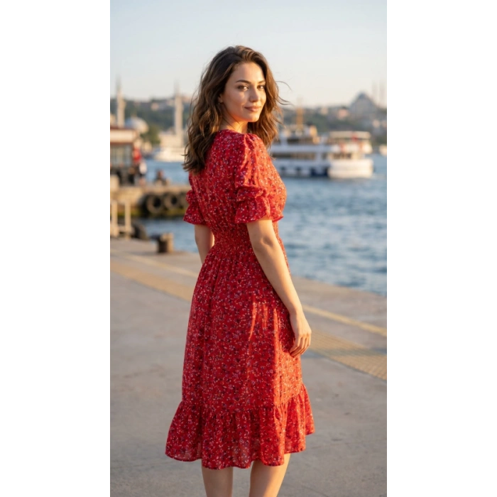 Kadın Kısa Kollu Kruvaze Yaka Beli Lastikli çiçek Desenli Elbise