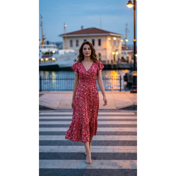 Kadın Kısa Kollu Kruvaze Yaka Beli Lastikli çiçek Desenli Elbise