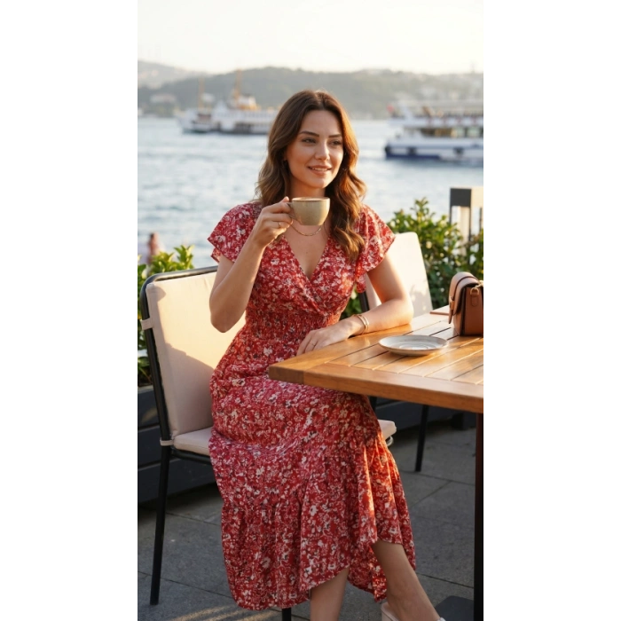 Kadın Kısa Kollu Kruvaze Yaka Beli Lastikli çiçek Desenli Elbise