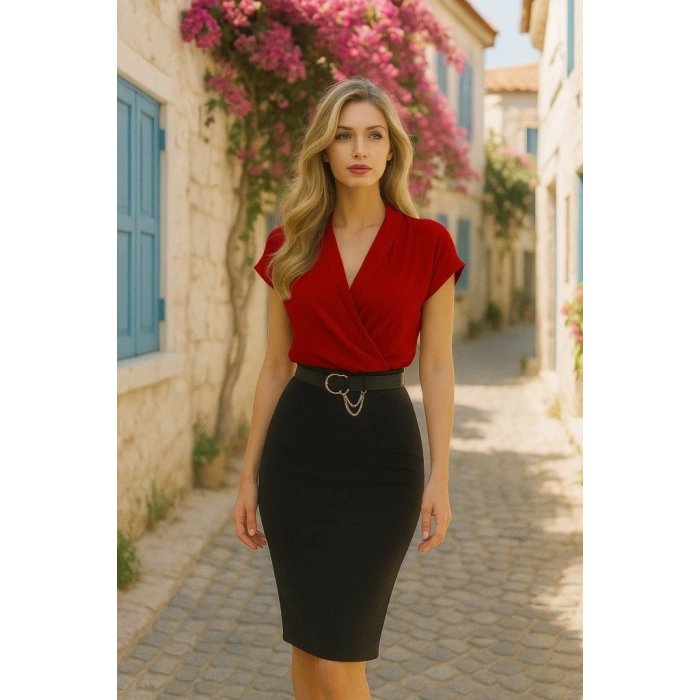 Kadın Kısa Kollu Kruvaze Yaka Krep Elbise (Kemersiz)