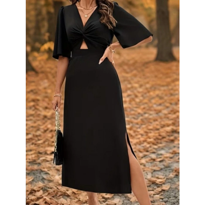 Kadın Kısa Kollu önden Sarmal Detaylı Yandan Yırtmaçlı Midi Sandy Elbise