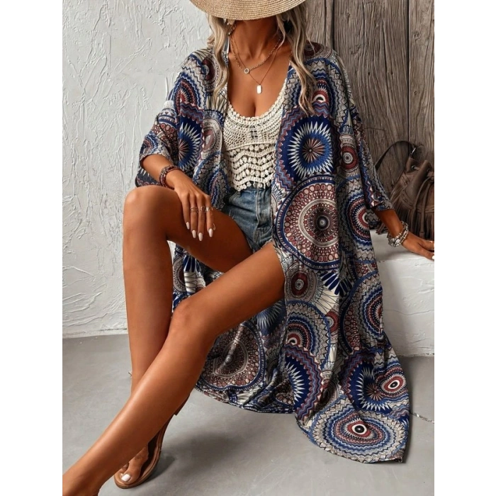 Kadın Kısa Kollu önü Açık Belden Kuşaklı Uzun Kimono