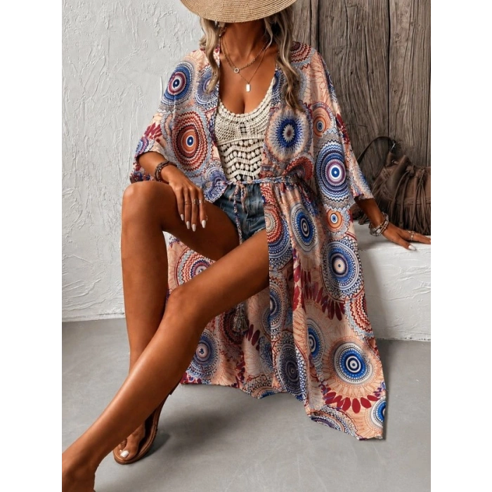Kadın Kısa Kollu önü Açık Belden Kuşaklı Uzun Kimono