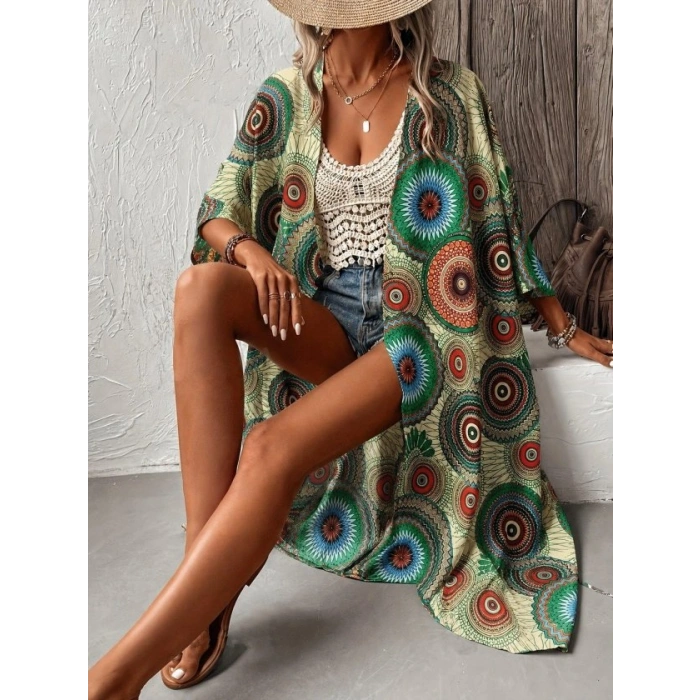 Kadın Kısa Kollu önü Açık Belden Kuşaklı Uzun Kimono
