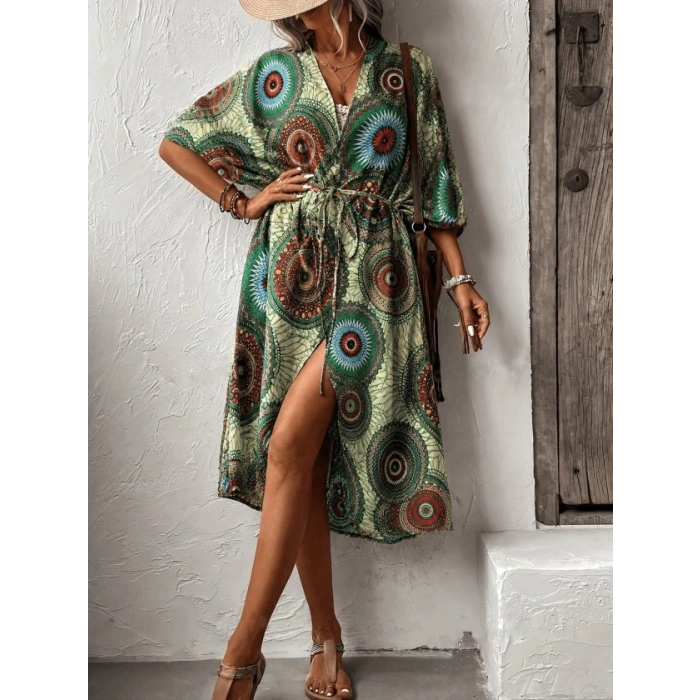 Kadın Kısa Kollu önü Açık Belden Kuşaklı Uzun Kimono