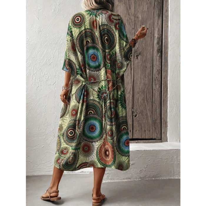 Kadın Kısa Kollu önü Açık Belden Kuşaklı Uzun Kimono
