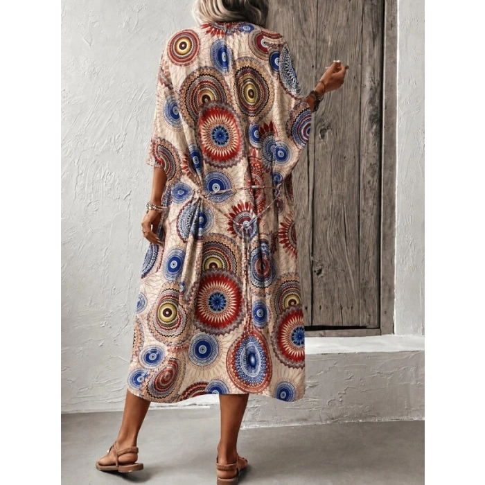 Kadın Kısa Kollu önü Açık Belden Kuşaklı Uzun Kimono