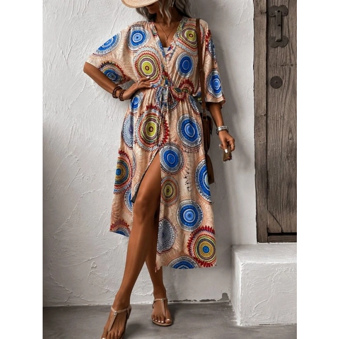 Kadın Kısa Kollu önü Açık Belden Kuşaklı Uzun Kimono