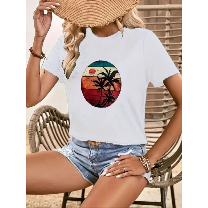 Kadın Kısa Kollu Palmiye Baskılı Viskon T-shirt