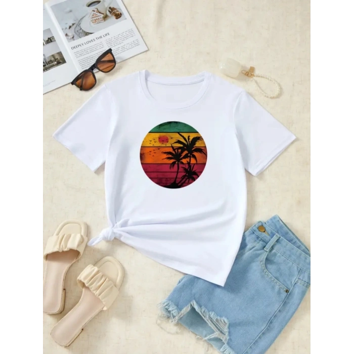 Kadın Kısa Kollu Palmiye Baskılı Viskon T-shirt