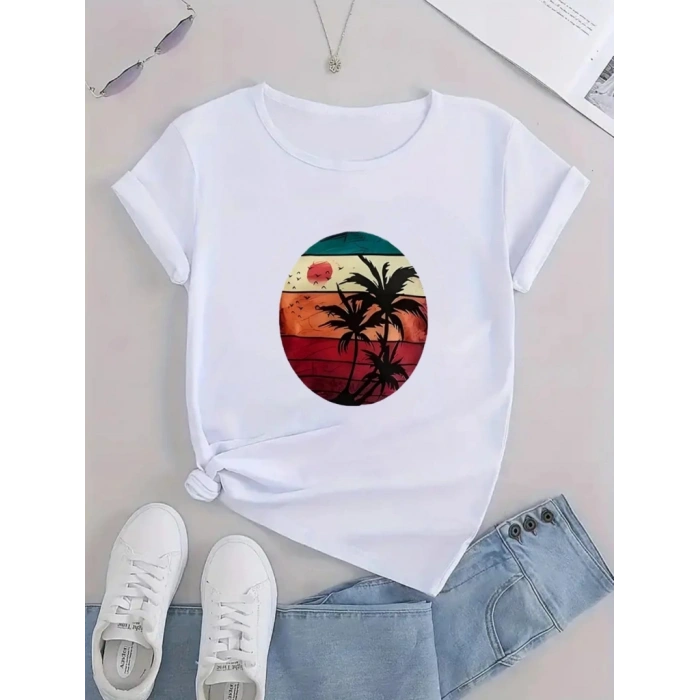 Kadın Kısa Kollu Palmiye Baskılı Viskon T-shirt
