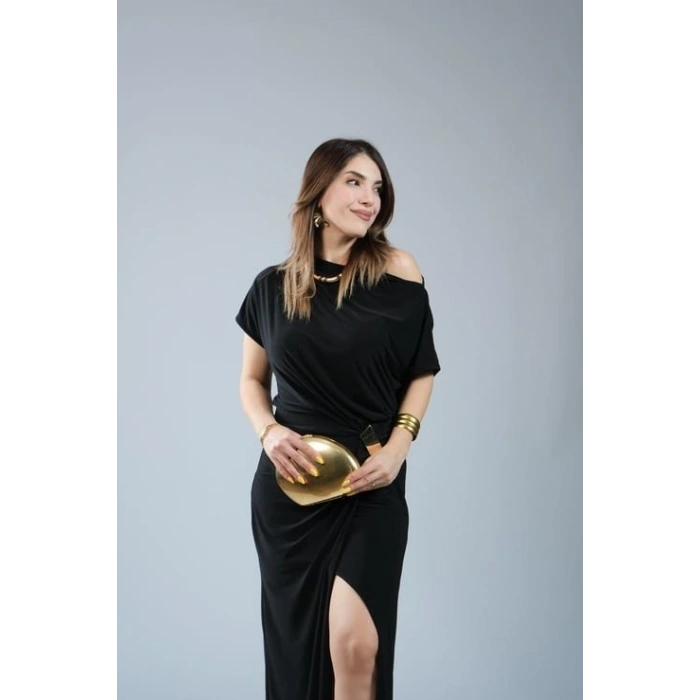Kadın Kısa Kollu Tek Omuzdan Açık Beli Lastikli Sandy Maxi Elbise