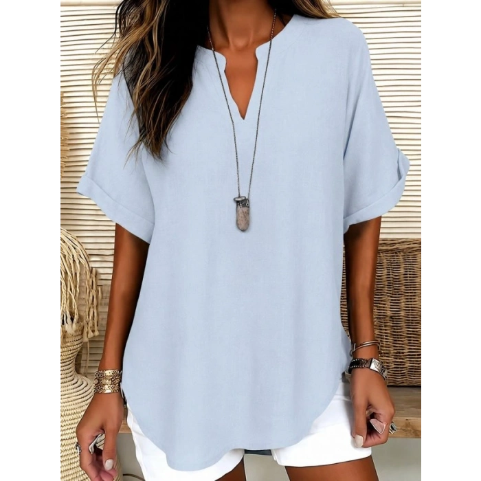 Kadın Kısa Kollu V Hakim Yakalı Uzun Bluz