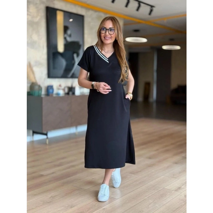 Kadın Kısa Kollu V Ribana Yakalı Yırtmaçlı Midi Viskon Iki Iplik Elbise