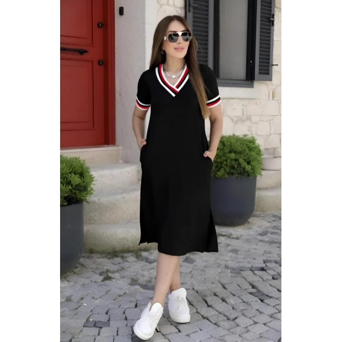 Kadın Kısa Kollu V Yaka Ribana Detay Midiboy Viskon Elbise