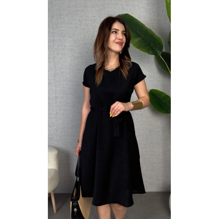 Kadın Kısa Kollu V Yakalı Beli Kuşaklı Ithal Keten Elbise