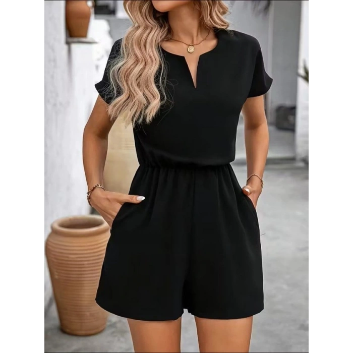 Kadın Kısa Kollu V Yakalı Beli Lastikli Kısa Ithal Krep Tulum