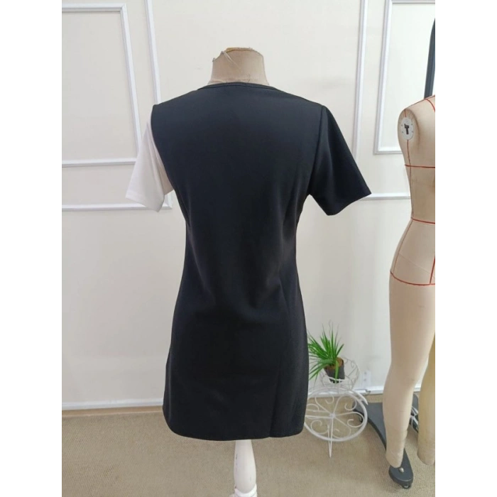 Kadın Kısa Kollu V Yakalı çift Renklç Kısa Lazer Kesim çiçek Detaylı Ithal Krep Elbise