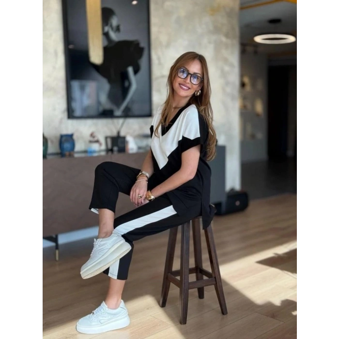 Kadın Kısa Kollu V Yakalı çift Renkli Viskon Iki Iplik Ikili Bluz Ve Pantolon Takım