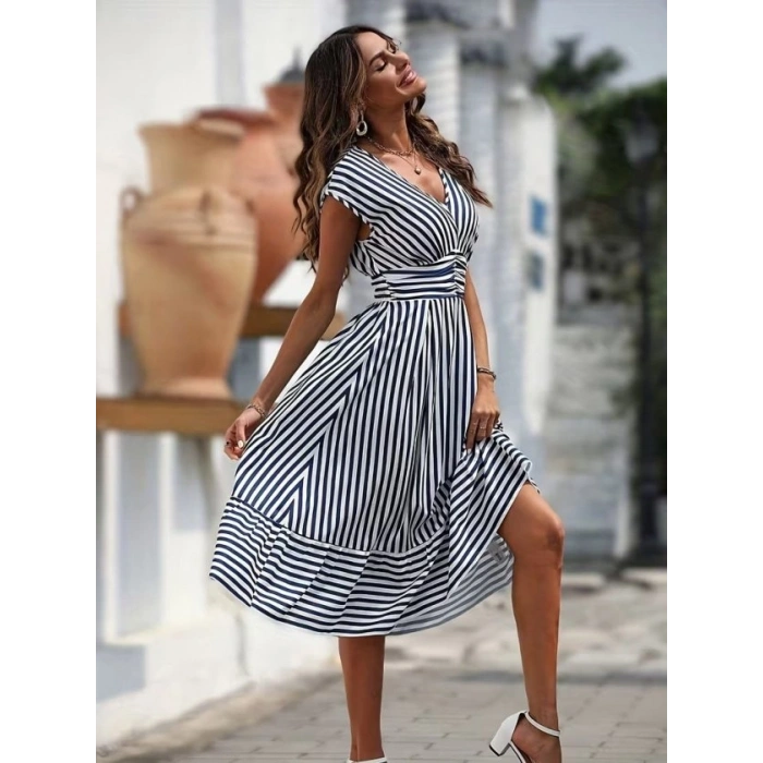 Kadın Kısa Kollu V Yakalı çizgili Süprem Midi Elbise