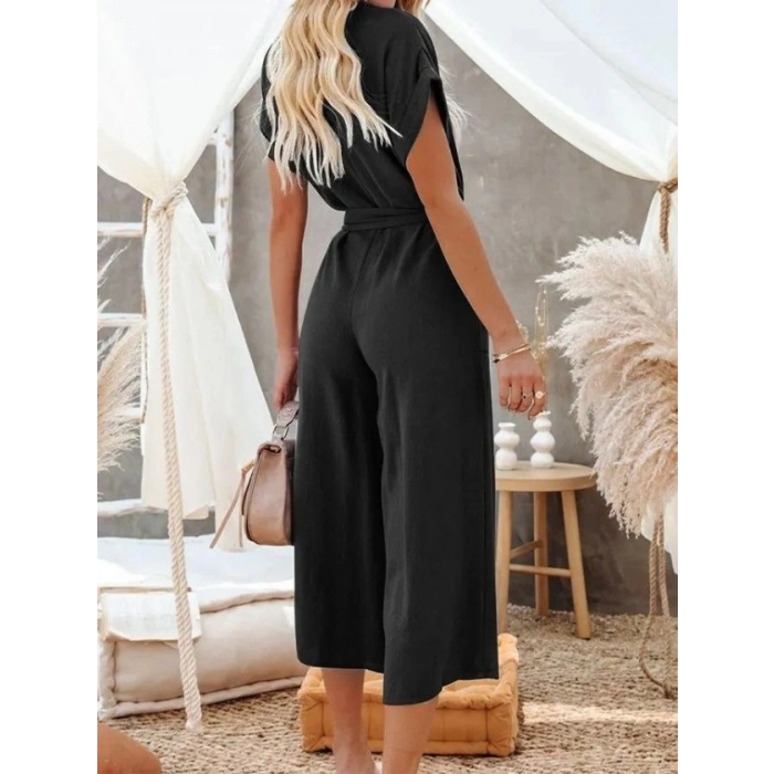 Kadın Kısa Kollu V Yakalı Düğmeli Kuşaklı Cep Detaylı Uzun Tulum