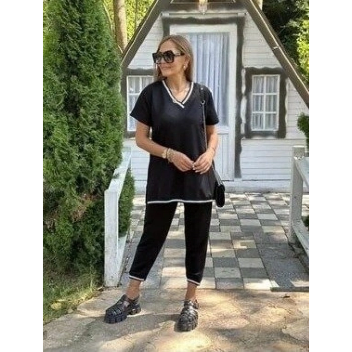 Kadın Kısa Kollu V Yakalı Iki Iplik Bluz Ve Pantolon Ikili Takım