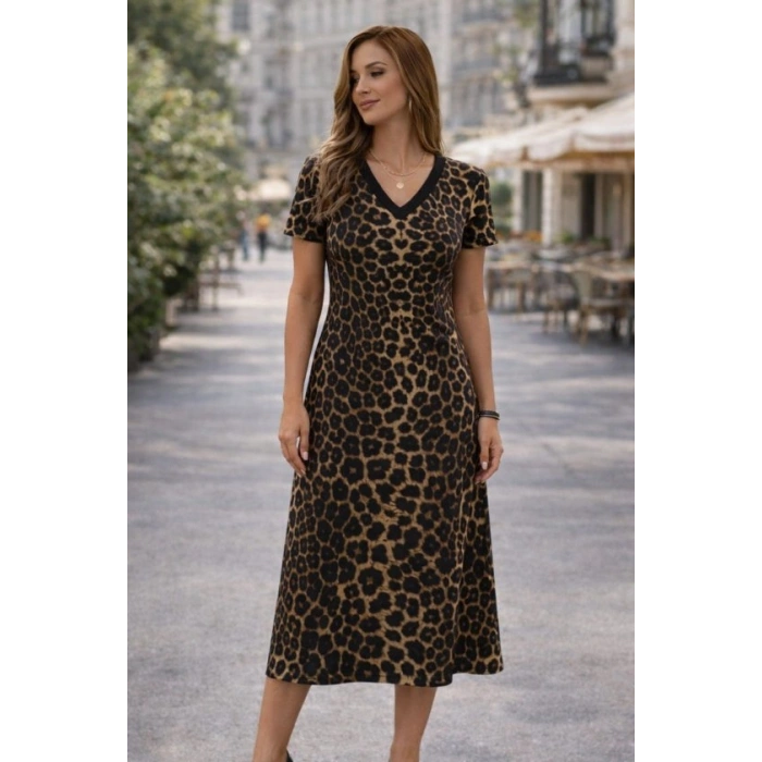 Kadın Kısa Kollu V Yakalı Leopar Desenli Kısa Süprem Elbise