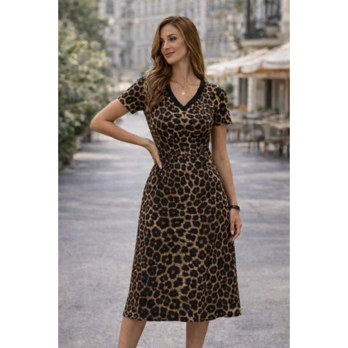 Kadın Kısa Kollu V Yakalı Leopar Desenli Kısa Süprem Elbise
