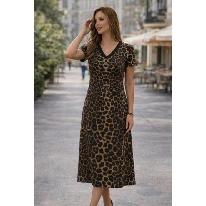 Kadın Kısa Kollu V Yakalı Leopar Desenli Kısa Süprem Elbise