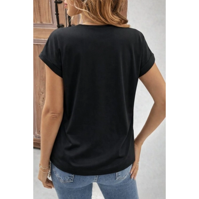 Kadın Kısa Kollu V Yakalı önden Düğmeli Leopar Desen Detaylı Viskon Bluz