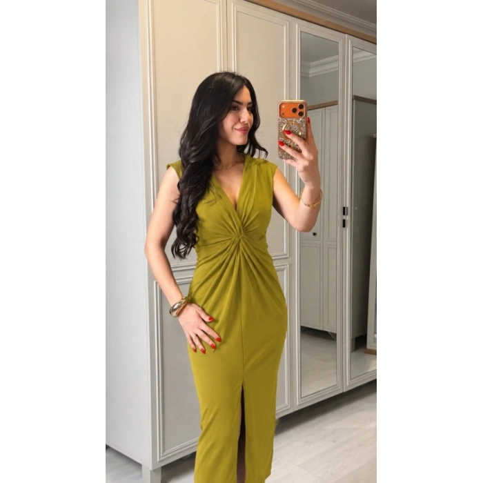 Kadın Kısa Kollu V Yakalı önü Sarmal Detaylı Yırtmaçlı Sandy Midi Elbise