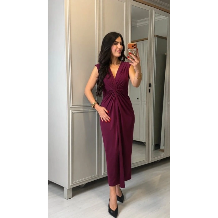 Kadın Kısa Kollu V Yakalı önü Sarmal Detaylı Yırtmaçlı Sandy Midi Elbise