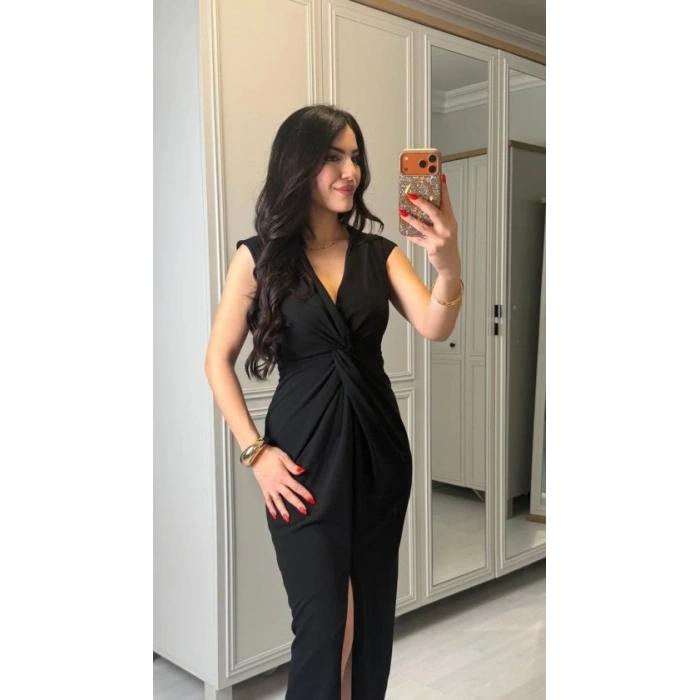 Kadın Kısa Kollu V Yakalı önü Sarmal Detaylı Yırtmaçlı Sandy Midi Elbise