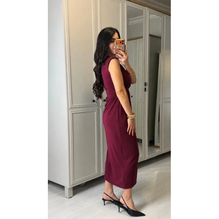 Kadın Kısa Kollu V Yakalı önü Sarmal Detaylı Yırtmaçlı Sandy Midi Elbise