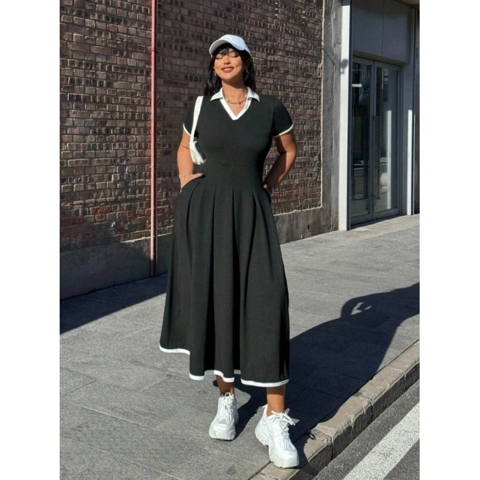 Kadın Kısa Kollu V Yakalı Pileli Uzun Janjan Krep Elbise