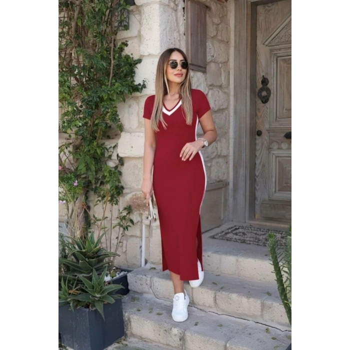 Kadın Kısa Kollu V Yakalı Yandan şerit Ve Yırtmaçlı Viskon Uzun Elbise
