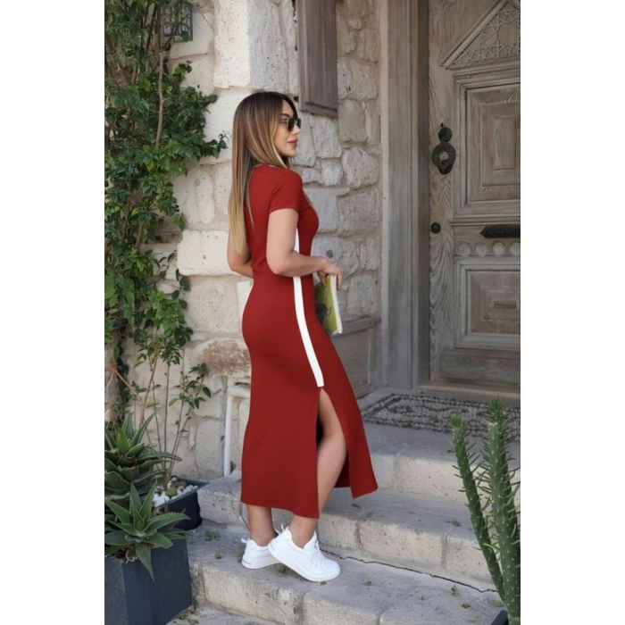 Kadın Kısa Kollu V Yakalı Yandan şerit Ve Yırtmaçlı Viskon Uzun Elbise
