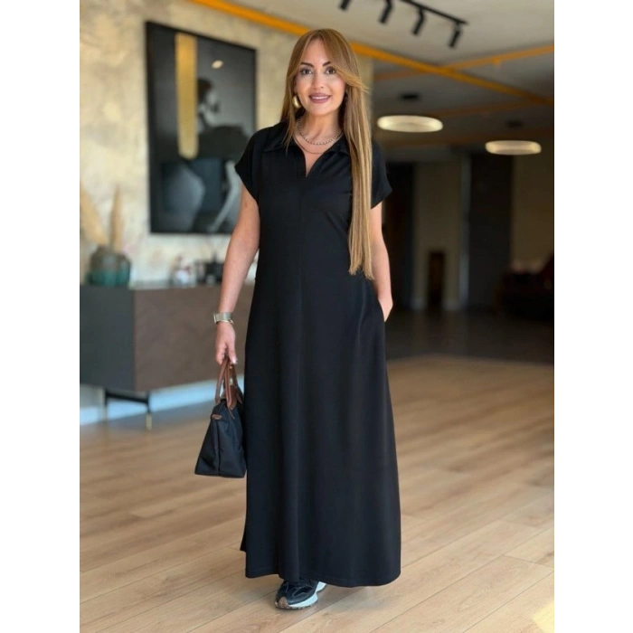 Kadın Kısa Kollu Yakalı Cepli Uzun Viskon Iki Iplik Elbise