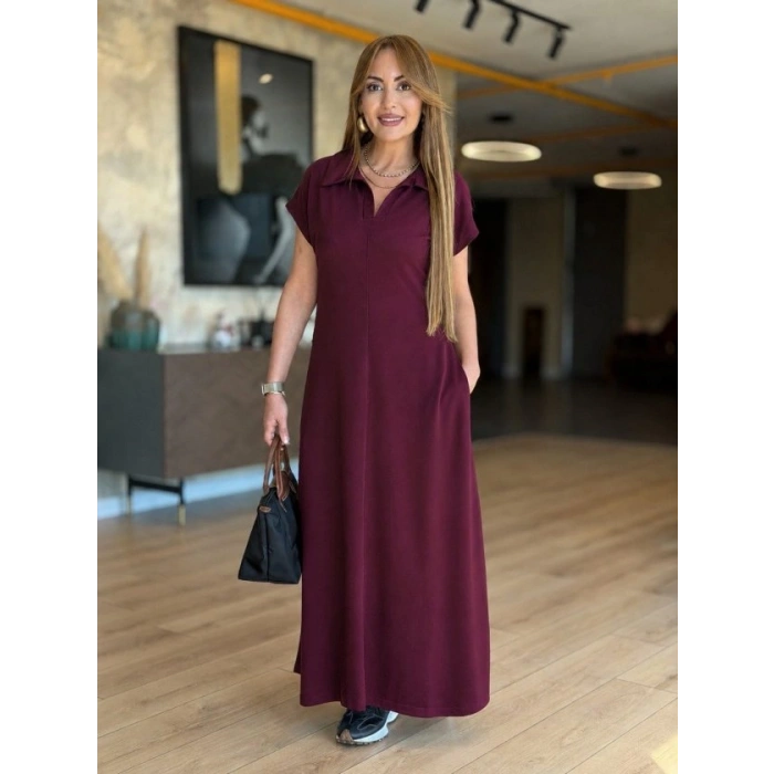 Kadın Kısa Kollu Yakalı Cepli Uzun Viskon Iki Iplik Elbise